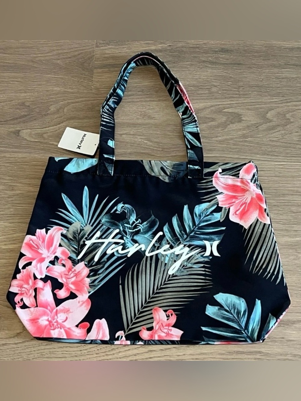 HURLEY Black Pink Tropical Floral Canvas Tote Bag Beach Pool Hibiscus Hawaiian